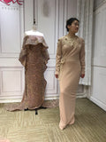 Chic champagne nude lace appliques beaded muslim semi formal graduation prom maxi dresses 2021#112213