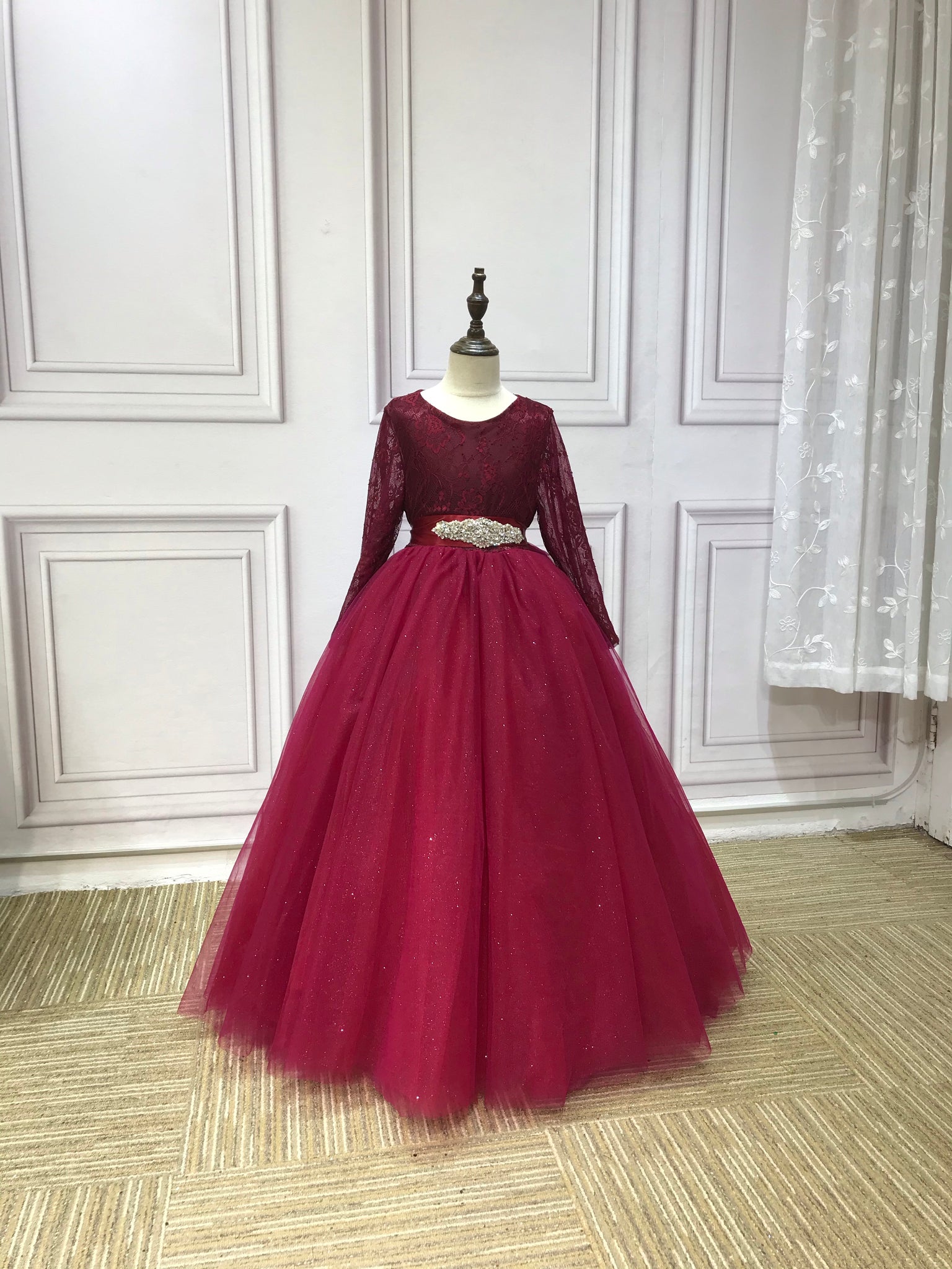 Long sleeves puffy skirt sparkly glitter burgundy red tulle little gir Anna's Couture Dresses Long sleeves puffy skirt sparkly glitter burgundy red tulle little gir Anna's Couture Dresses