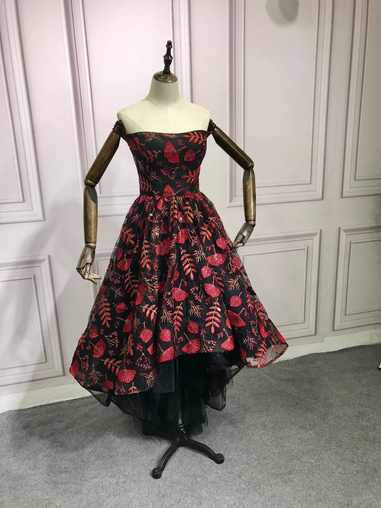 Chic black and red off shoulder hi low prom semi formal dress Anna's Couture Dresses Chic black and red off shoulder hi low prom semi formal dress Anna's Couture Dresses