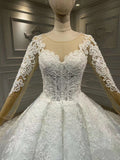 Vintage long sleeves lace pearls beaded ball gown Muslim wedding dress