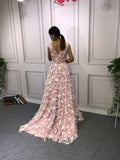 Fairytale floral lace pink a line prom dress with beaded 2020