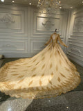 Unique gold sparkling lace appliqués Long sleeves glitter ball gown Muslim wedding dress 2020