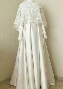 Muslim cape sleeves pearls beaded lace wedding dress