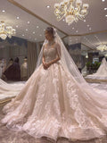 Champagne ivory lace appliqués crystals pearls beaded couture wedding dress 2020