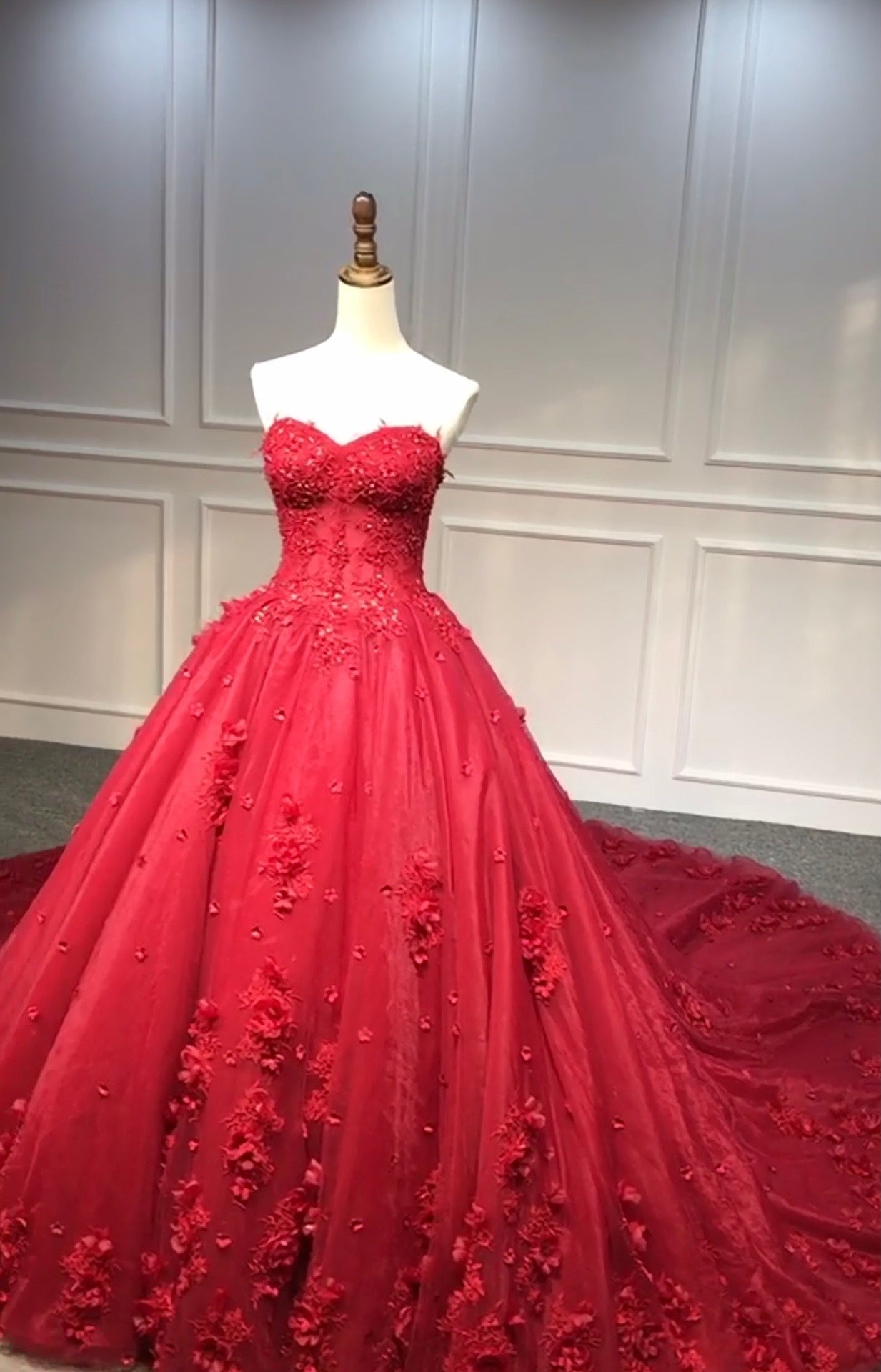 TRADITIONAL RED BRIDAL LONG TRAIL GOWN WITH EMBELLISHMENT -