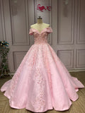 Off shoulder lace appliqués pearls crystals beaded pink ball gown wedding prom dresses - Anna's Couture Dresses