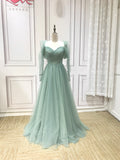 Spaghetti straps sweetheart dusty mint sage green tulle prom dress 2024