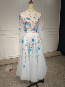Long sleeves tea length heavy handmade beaded couture prom dress 2018