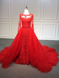 Red crystals beaded long sleeves lace appliqués tulle prom dress two pieces 2021