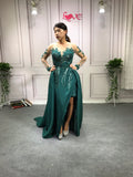 Emerald green crystals pearls beaded prom dress with long sleeves and train back 2020