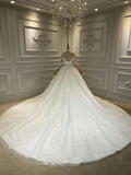 Long sleeves lace appliqués crystals pearls beaded ivory wedding dress