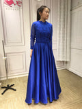 Long sleeves lace appliqués pearls beaded formal royal blue prom muslim best event occasion dress 2021 HD6151