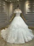Off shoulder lace floral appliqués ball gown layers skirt wedding dress