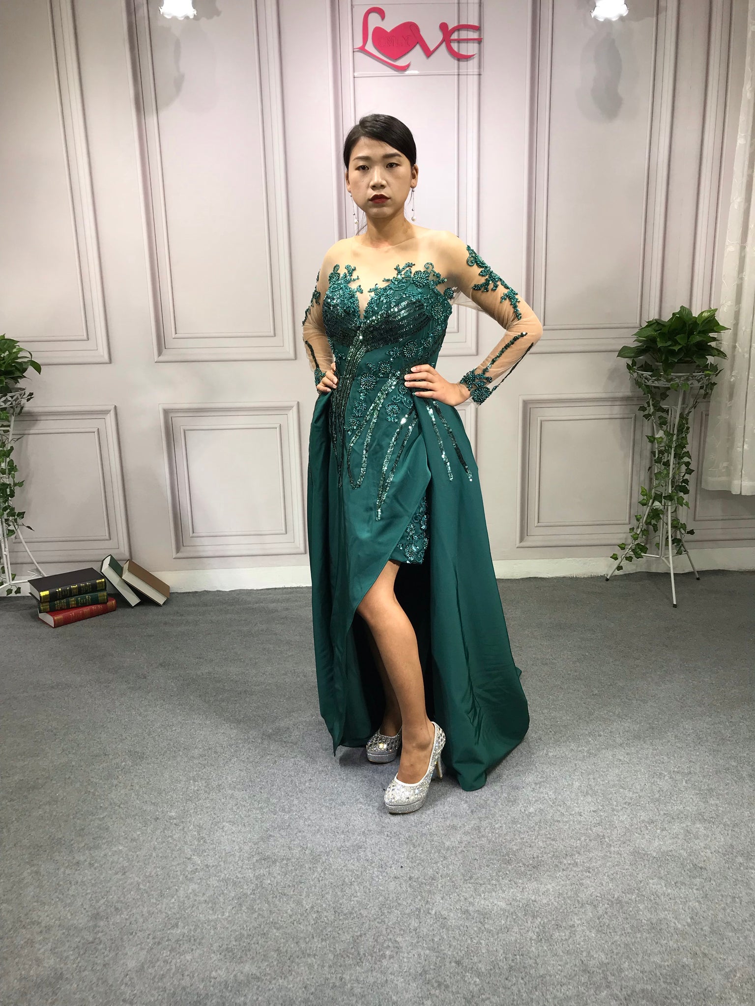Emerald green crystals pearls beaded prom dress with long sleeves and Anna's Couture Dresses Emerald green crystals pearls beaded prom dress with long sleeves and Anna's Couture Dresses