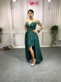 Emerald green crystals pearls beaded prom dress with long sleeves and train back 2020