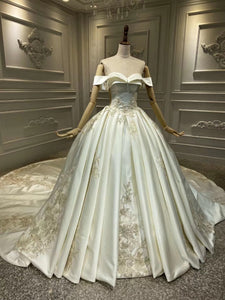 Off shoulder matte satin lace appliqués crystals pearls beaded couture wedding dress 2020