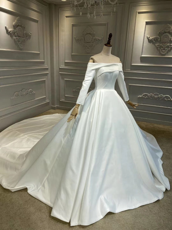 vintage off the shoulder wedding dress Vintage off shoulder long sleeves matte satin wedding dress 2020 – Anna's Couture Dresses