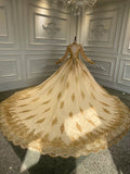 Unique gold sparkling lace appliqués Long sleeves glitter ball gown Muslim wedding dress 2020