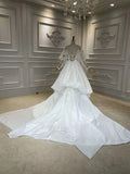 Long sleeves lace pearls beaded mermaid wedding dress
