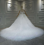 Gorgeous layers ruffles ball gown skirt crystals handmade beaded bodice wedding dress