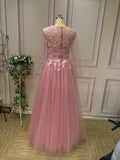 Long sleeves lace appliqués purple dusty pink tulle prom dress 2021