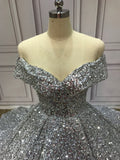Off shoulder silver crystals rhinestones sequins beaded ball gown prom dress 2020