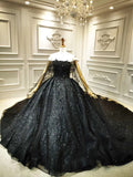 Unique off shoulder black lace sparkling glitter ball gown wedding prom dress 2020