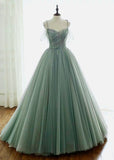 Spaghetti straps sweetheart dusty mint sage green tulle prom dress ball gown