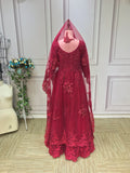 Luxurious heavy beaded burgundy maroon red long sleeves lace Muslim wedding dress 2021#112202
