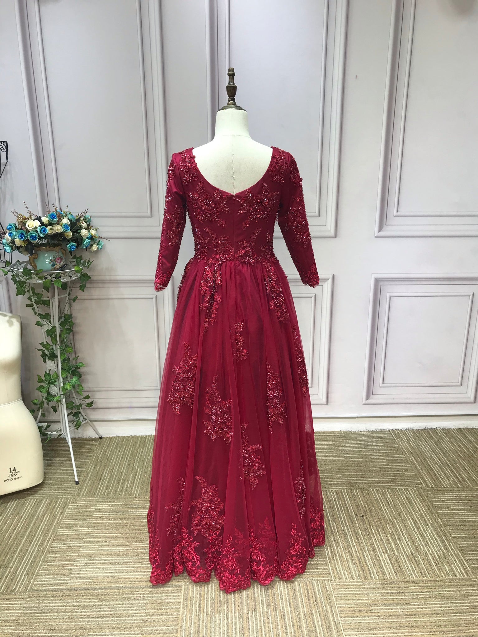 Luxurious heavy beaded burgundy maroon red long sleeves lace Muslim we Anna's Couture Dresses Luxurious heavy beaded burgundy maroon red long sleeves lace Muslim we Anna's Couture Dresses