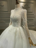 Muslim long sleeves glitter sparkling lace ball gown skirt wedding dress