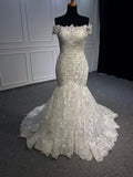 Ivory vintage off shoulder rhinestones beaded fir and flare mermaid lace wedding dress 2020