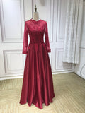 Long sleeves lace appliqués pearls beaded formal red prom muslim event occasion dress 2021 HD6151