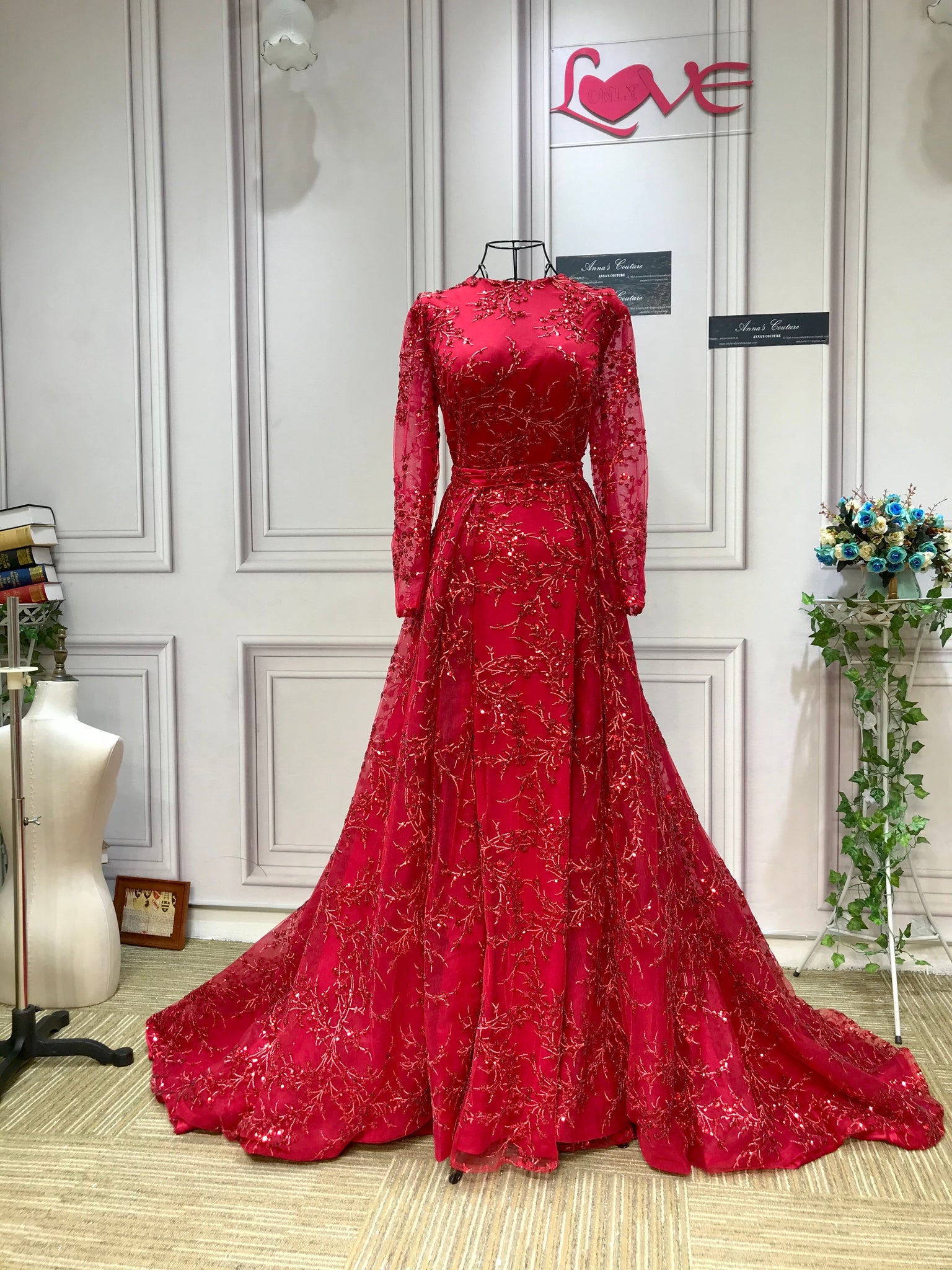 Long sleeves red color round neck sparkling sequins fabric prom dress Anna's Couture Dresses Long sleeves red color round neck sparkling sequins fabric prom dress Anna's Couture Dresses