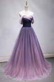 Purple pink v neck off shoulder tulle gradient prom dress