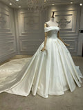 Off shoulder Matte satin ivory off white traditional bridal gown 2020