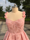 Pink lace ball gown prom dress with flowers embellishment