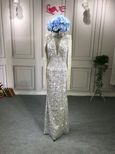 Sparkling sliver sequins Long sleeves tassels mermaid prom dress