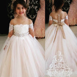 Adorable lace appliques little flower girls dress with ivory champagne dusty pink color
