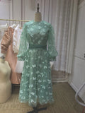 Chic vintage dusty green long sleeves tulle tea length prom maxi dresses