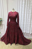 Long sleeves sequins lace burgundy mermaid removable train formal graduation college prom party dresses 2020