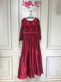 Long sleeves lace appliqués crystals pearls beaded red prom dress 2021