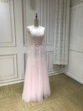 Long sleeves lace appliqués pearls beaded formal baby pink prom muslim best event occasion dress 2023 HD6152