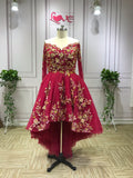 Luxury long sleeves red hi low ball gown prom dress with gold lace appliqués crystals rhinestones beaded 2020
