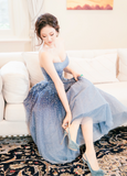 Luxury gradient blue crystals pearls sequins handmade beaded tea length couture prom dresses