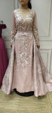 Long sleeves Muslim fashion mermaid with removable train pale dusty pink prom dresses 2020
