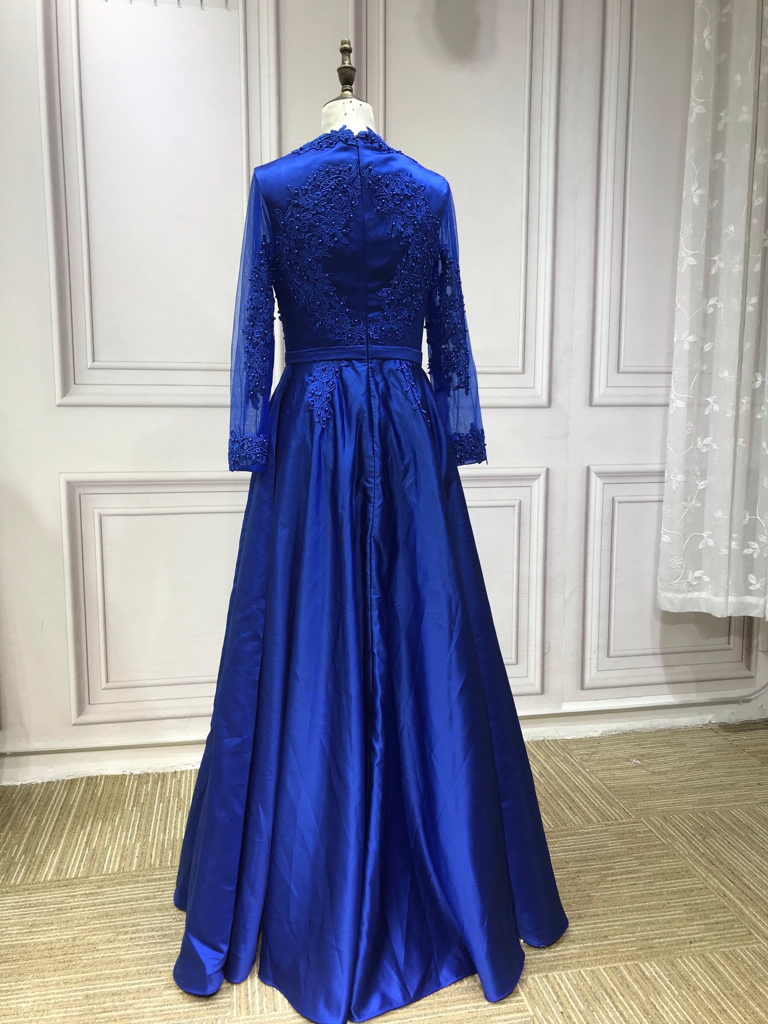 Long sleeves lace appliqus pearls beaded formal royal blue prom musli Anna's Couture Dresses Long sleeves lace appliqus pearls beaded formal royal blue prom musli Anna's Couture Dresses