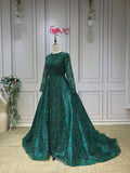 Long sleeves sequins lace mermaid with removable train emerald green prom dresses 2019 - Anna's Couture Dresses