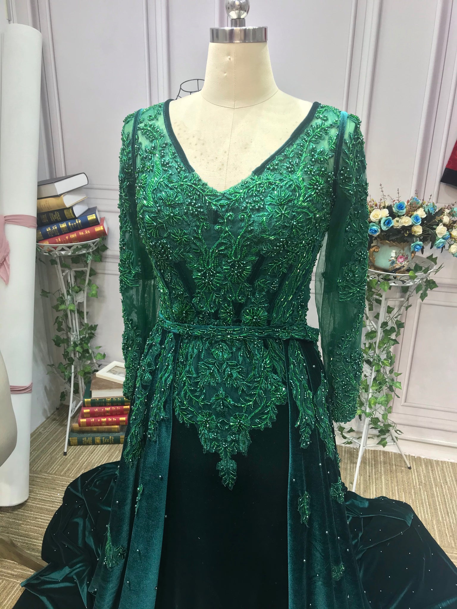 Long sleeves lace appliqus velvet emerald green prom dresses removabl Anna's Couture Dresses Long sleeves lace appliqus velvet emerald green prom dresses removabl Anna's Couture Dresses