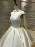 Chic high neck cap sleeves matte satin ball gown wedding dress